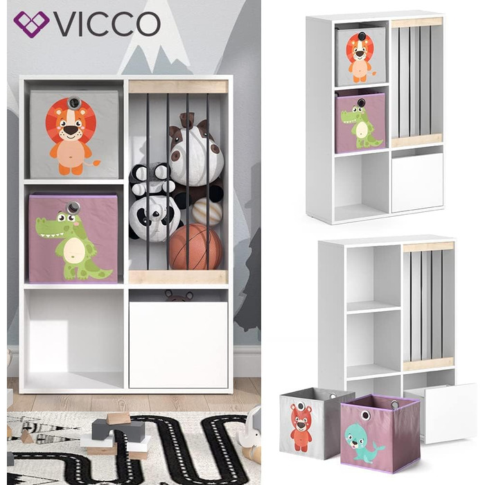 Дитяча полиця Vicco Luigi біла 72x107,8 см з 2 складними коробками, дизайн Опт.3 72x96, з коробками Собака/Кіт