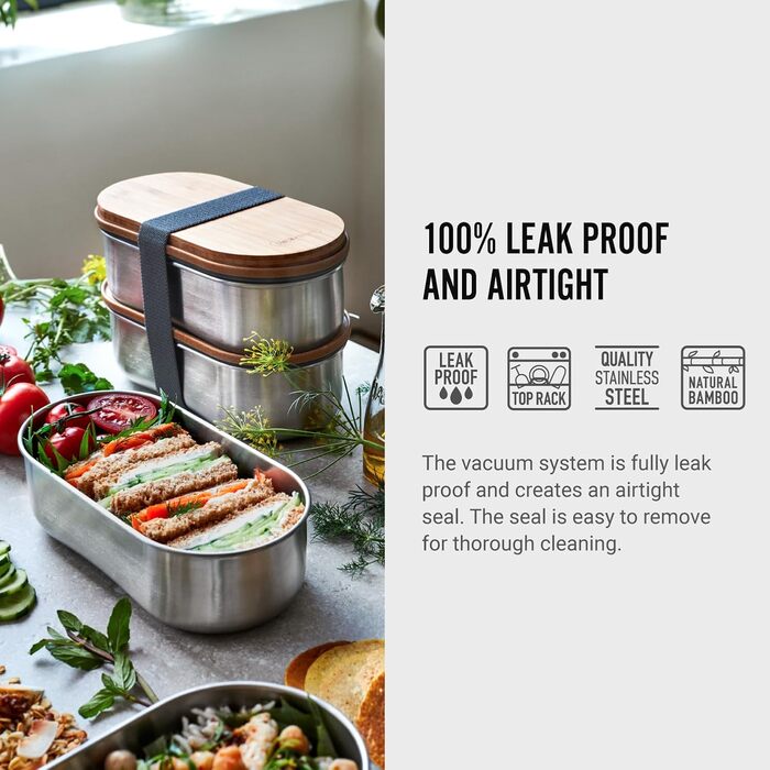 Ланч-бокс Bento BLACK+BLUM з нержавіючої сталі та бамбуковою кришкою, 2x500 мл, герметичний, з вилкою, розділювачем і обробною дошкою, Sara Kiyo Popowa Edition, для дорослих