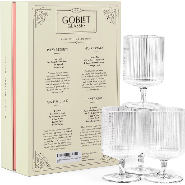 Набір келихів для коктейлів з рифленого кришталю GLASSIQUE CADEAU, арт-деко, 300 мл, 4 шт.