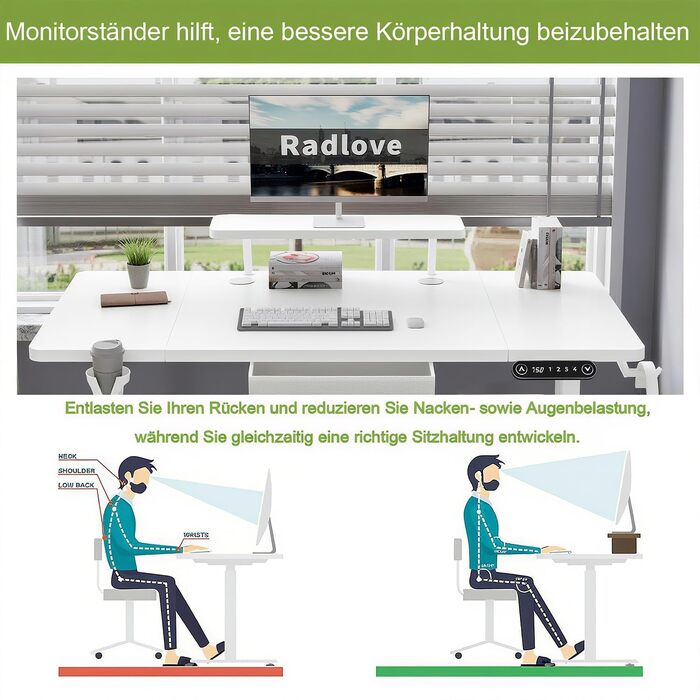 Електричний стіл Radlove з регулюванням висоти, моніторна полиця, LED-дисплей, 140x76 см, білий. Стол для дому та офісу