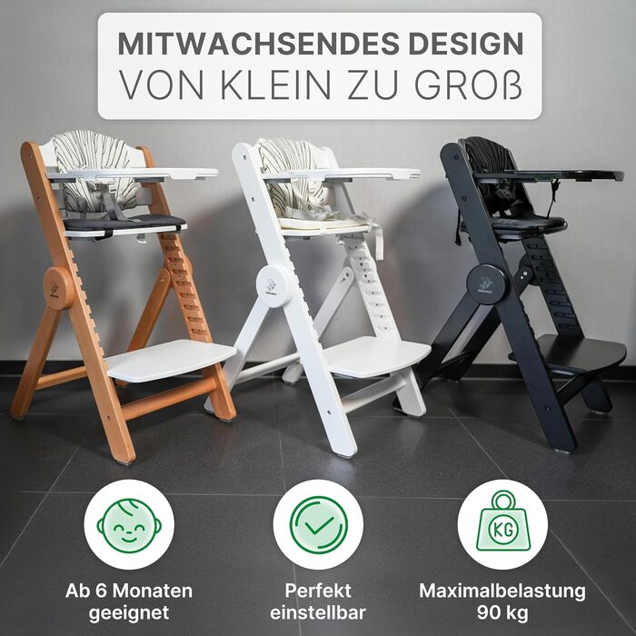 Дитячий стільчик ZWERGHELD® ZS3 Set - преміум якість, з регулюванням, складний, для дітей від 6 місяців до 90 кг, з підносом, дерев'яний (натуральний колір)