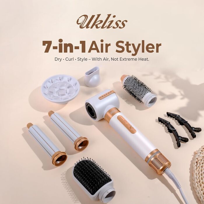 UKLISS Hairstyler 7 в 1: Професійний фен-щітка, стайлер для волосся, набір для укладки з повітряним обдувом 110 000 об/хв, білий