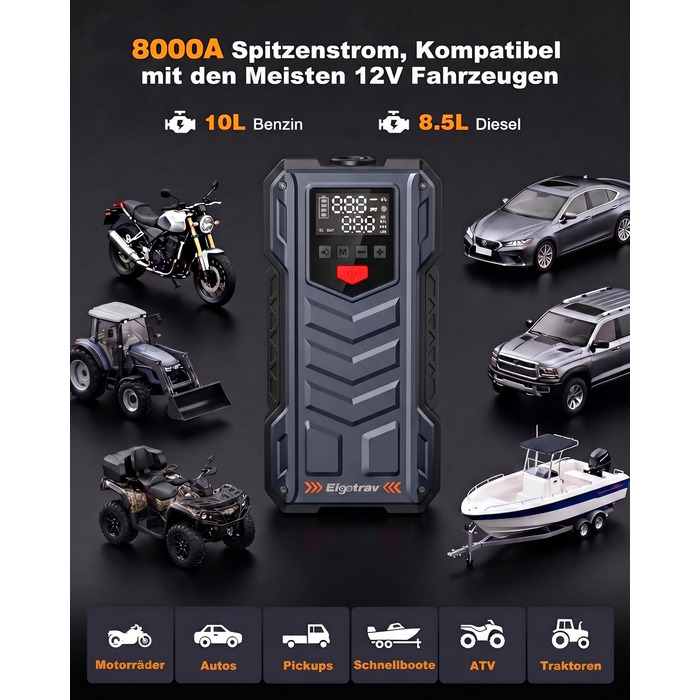 Пусковий пристрій (бустер) Starthilfe 8000A з компресором 150 PSI, 9-в-1: Jump Starter 12V для бензинових та дизельних авто (до 14л), електричний насос та Powerbank з швидкою зарядкою 30W