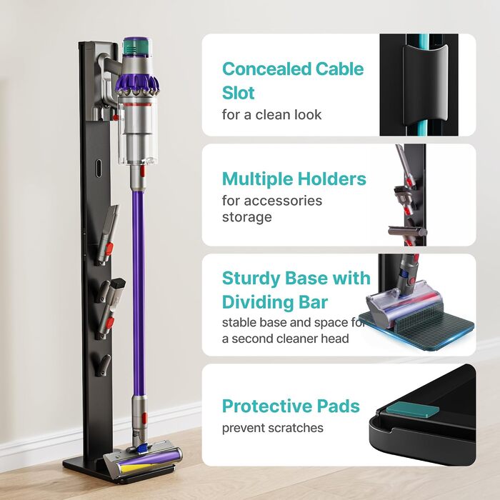 Тримач для пилососа PEGZONE для Dyson (V6, V7, V8, V10, V11, V12, V15, Gen5) — настінний органайзер для насадок з 4 гачками та 4 полицями, чорний