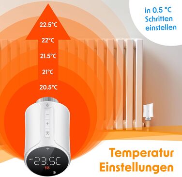 KESSER® WiFi термостат на радіатор опалення з керуванням через додаток Smart Home | Комплект з 6 вентилів для опалення, сумісний з Alexa та Google Assistant | Економія енергії та коштів, білий