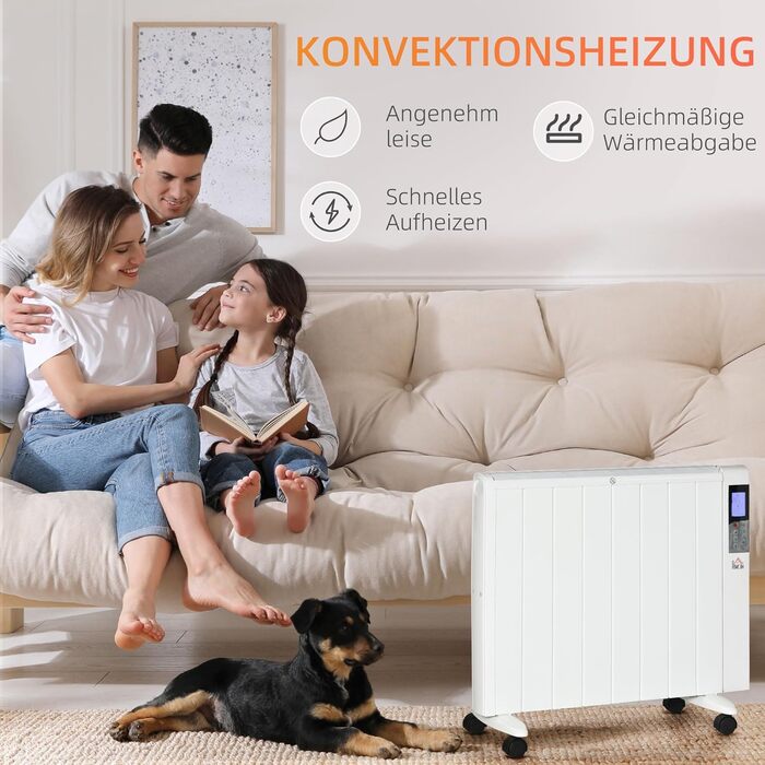 Електричний обігрівач HOMCOM 2000Вт з LCD-дисплеєм, 2 режими нагріву, дистанційне керування, захист від перегріву та перекидання, для кімнат до 15 м², білий, 75x7,5x58,5 см