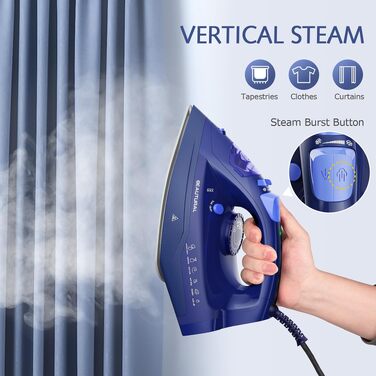 Паровий праска BEAUTURAL 2600W з керамічною підошвою, потужна подача пари, система антикрапля та антинакип, резервуар 350 мл, автовимкнення, синя