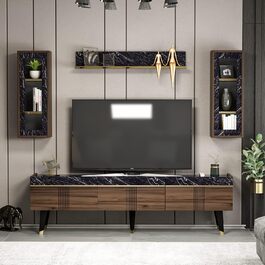 Гірка для вітальні Homidea KARYA, ТВ-тумба, меблі під телевізор з 3 дверцятами, сучасний дизайн, горіх/мармур