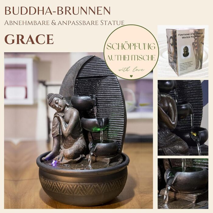 Декоративний фонтан Zen'Light Будда Grace з кольоровою LED-підсвіткою для медитації та релаксації, безшумний насос, знімна скульптура, висота 40 см