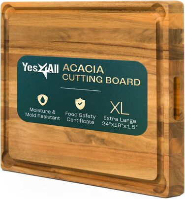 Дошка обробна Yes4All з акації для кухні 43x33x3.5 см, з жолобком для соку, середнього розміру, попередньо оброблена олією