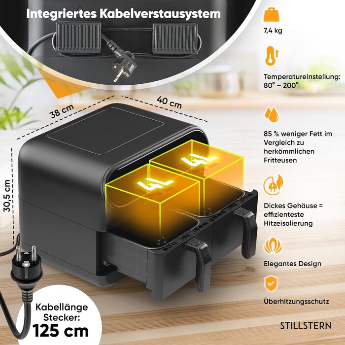 Подвійна аерофритюрниця Stillstern 8 л, 2400 Вт, 8 програм, Shake-функція, 80-200°C, для 1-8 осіб, дегідрація, розморожування, підтримка тепла, 120 рецептів, чорна