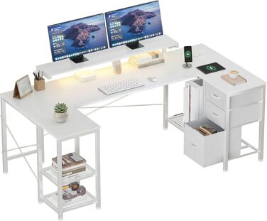 Ігровий стіл Devoko кутовий з LED, 3 шухляди, 170x95x75 см, білий - з регульованою полицею, розетками та USB