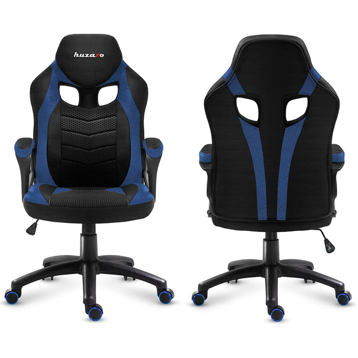 Геймерське крісло Huzaro Force 2.5 Blue Mesh, ергономічне, тканинне, чорне-синє, для комп'ютера, офісу, з регулюванням висоти та гойдалкою, навантаження до 140 кг