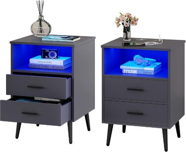 Сучасна тумба приліжкова LVSOMT з LED-підсвіткою, 2 шухляди, USB та Type-C зарядка, чорна, для спальні та вітальні