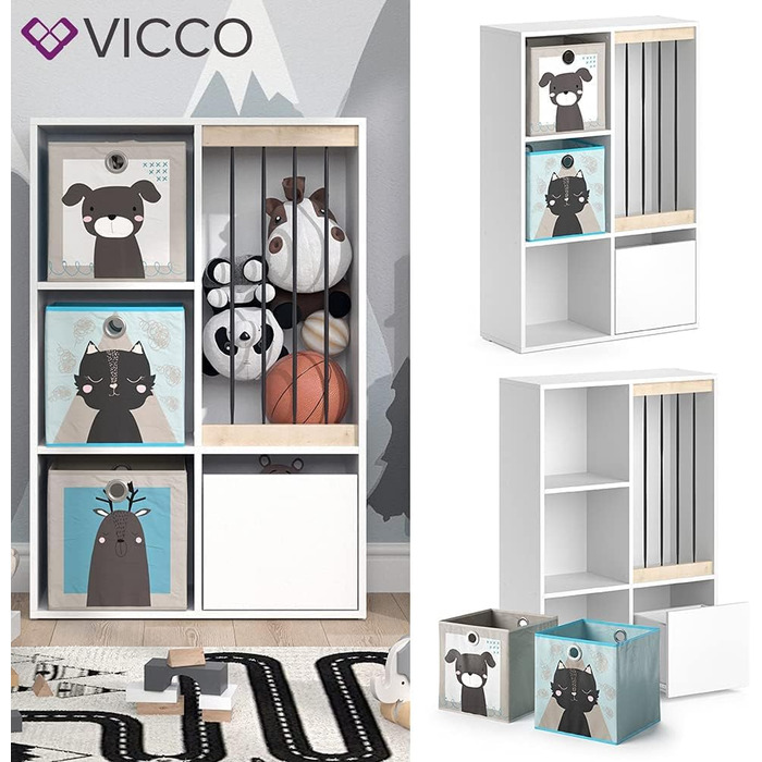 Дитячий стелаж Vicco Luigi білий 72x108 см з 2 коробами, дизайн Лев/Крокодил
