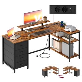 Кутовий комп'ютерний стіл VASAGLE з розетками, 160x80 см, вінтажний коричневий LWD173KD01 - ігровий стіл з USB, 4 шухляди