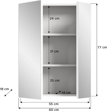 Дзеркальна шафа xonox.home Vira X2LA9772 для ванної, біла, меламін, 60x77x18 см, з великою дзеркальною поверхнею, 2 дверцята