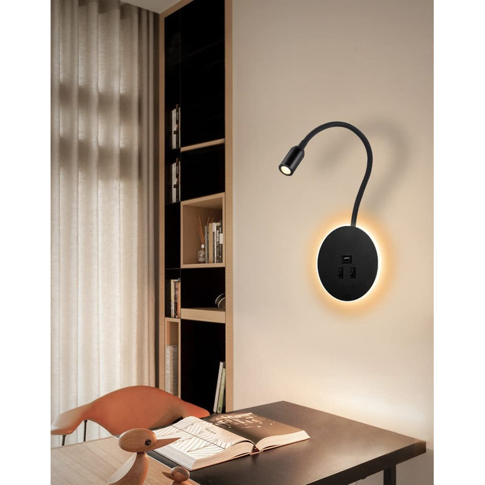 Світильник для читання Awekliy 3W+8W LED з гнучкою ніжкою, настінний, з USB-зарядкою, перемикачем, для спальні, ліжка, нічник, чорний, 3000K