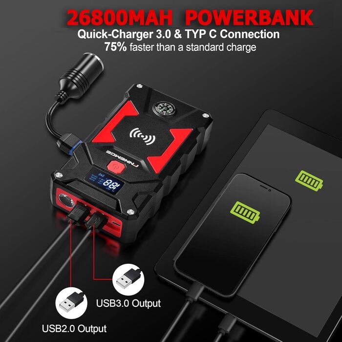 Бустер автозапуску FNNEMGE 9000A 26800mAh для бензинових та дизельних двигунів до 10.0л, пусковий пристрій Powerbank 12V з Quick Charge 3.0 та LED-ліхтарем