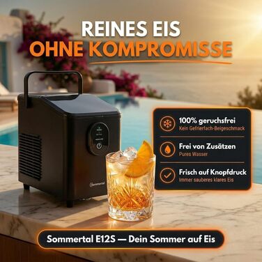 Sommertal EM12S Льодогенератор 12 кг/24 год: Машина для льоду з ручкою, швидке виробництво кулеподібного льоду (0,3 кг за 20 хв), тиха робота (50 дБ) для кухні, офісу та вечірок
