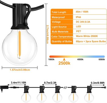 LED гірлянда для вулиці з пультом керування - 15м, 40W, G40, димування, 4 режими, таймер, вологостійка для саду, балкону, тераси, вечірки, кемпінгу, весілля
