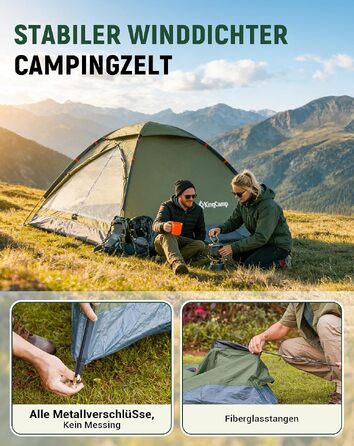 Намет для кемпінгу KingCamp на 2-3 особи, просторий водонепроникний (3000 мм), зелений