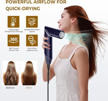 UKLISS 5-в-1 Airstyler Фен-щітка для укладки волосся з насадкою для локонів, 60000 об/хв, блакитний