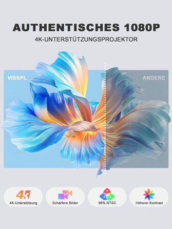 Смарт-проектор VISSPL 4K Home Cinema, 1000 ANSI люмен, WiFi 6, Bluetooth, Autofokus, Trapezoidна корекція, Full HD 1080P для дому та вулиці, Білий