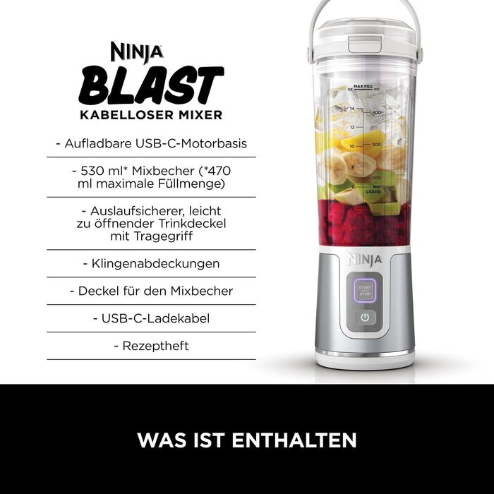 Портативний блендер Ninja Blast 530 мл, бездротовий, акумуляторний, для смузі, подрібнення льоду та фруктів, білий, BC151EUWH