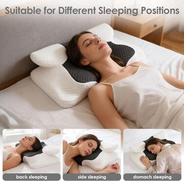 Ергономічна ортопедична подушка для шиї з ефектом пам'яті (Memory Foam), регульована висота, для сну на боці, спині та животі, 63x42 см (Білий + Чорний)