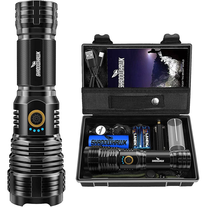 Ліхтарик Shadowhawk LED, акумуляторний, 20000 люмен, тактичний, USB-зарядка, XHP70.2, водонепроникний IP67, з чохлом, для кемпінгу, екстрених ситуацій, чорний