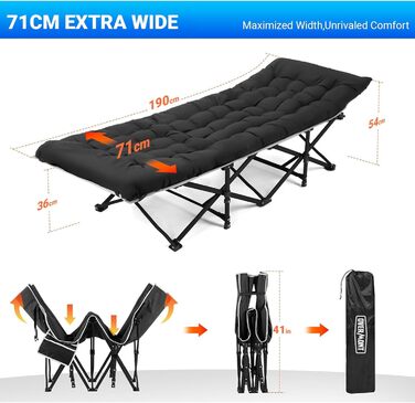 Складане польове ліжко Overmont 190x71x36 см, до 250 кг, 2400D Оксфорд з бічною кишенею і сумкою для перенесення, для кемпінгу, саду, офісу