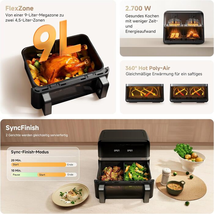 Аерофритюрниця Mova AeroChef FD20 Pro з двома зонами приготування, 9 л, 2700 Вт, SyncFinish, діапазон температур 40-230 °C