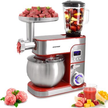 Кухонна машина Syntrox Kagus 6 л, м'ясорубка, 1300 Вт, нержавіюча сталь, червона, LED-дисплей, таймер, насадки для тіста та збивання