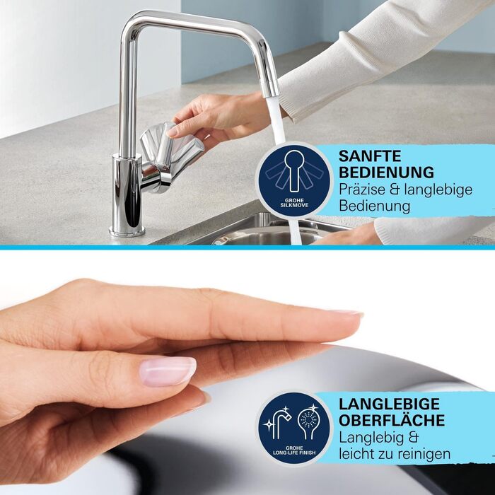 Змішувач кухонний GROHE Get з висувним душем, 2 режими, 360° поворот, економія води, монтаж без інструментів, хром - 30361000