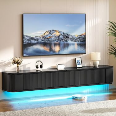 Підвісна тумба під телевізор YITAHOME 140 см з RGB підсвіткою, чорна. Настінна поличка для ТБ з великим об'ємом для вітальні та спальні (180x25x20 см)