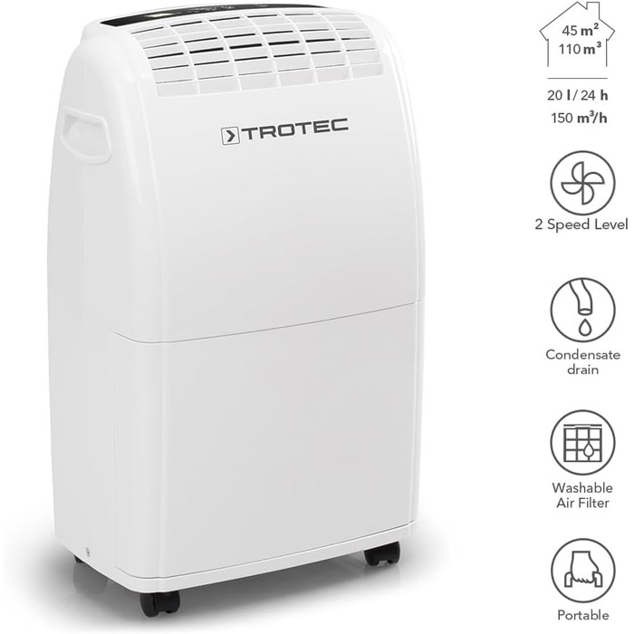 Електричний осушувач повітря Trotec TTK 75 E – продуктивність 20 л/день – площа 45 м² / 110 м³ – автоматичне вимкнення