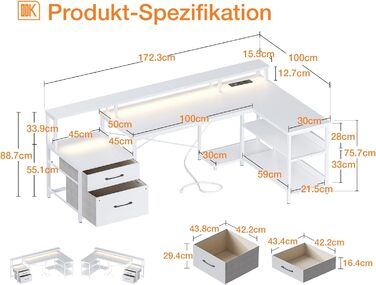 Реверсивний комп'ютерний стіл ODK з LED-підсвіткою, 172,5×100 см, кутовий білий стіл з 2 розетками та 2 USB-портами, шухлядою для документів, полицями для зберігання та підставкою для монітора
