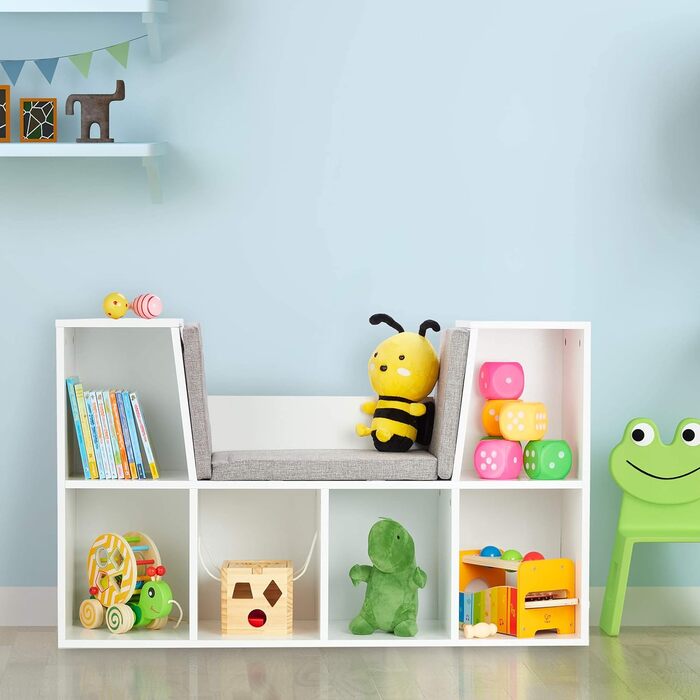 Дитяча книжкова полиця з м'яким сидінням Relaxdays, 6 відділень, 63x103x30 см, біла, для дитячої кімнати