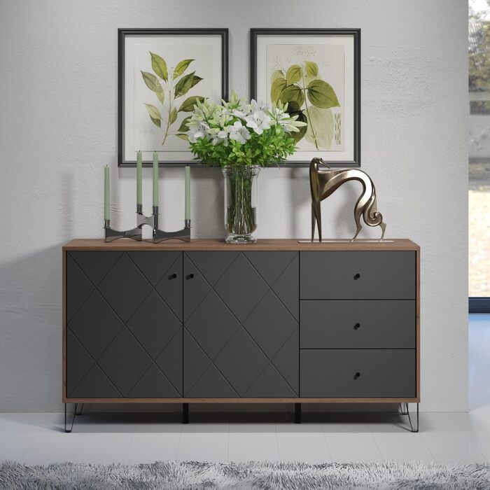 Сервант trendteam smart living Montez, сірий/дуб, 2 двері, 3 шухляди, фрезеровані фасади, металеві ніжки, 183x76x40 см