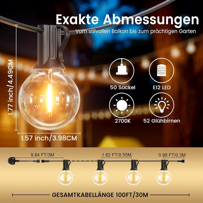 Ланцюжок прикрас для зовнішнього використання на струмі з 25+2 LED-лампочками G40, 2700K, тепле біле світло, IP65, вологостійкий, для саду, тераси, свят (чорний, 30 м)