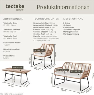 Комплект садових меблів tectake® з ротангу: садова лавка, 2 стільці та стіл, набір для балкона, тераси, саду, натуральний колір