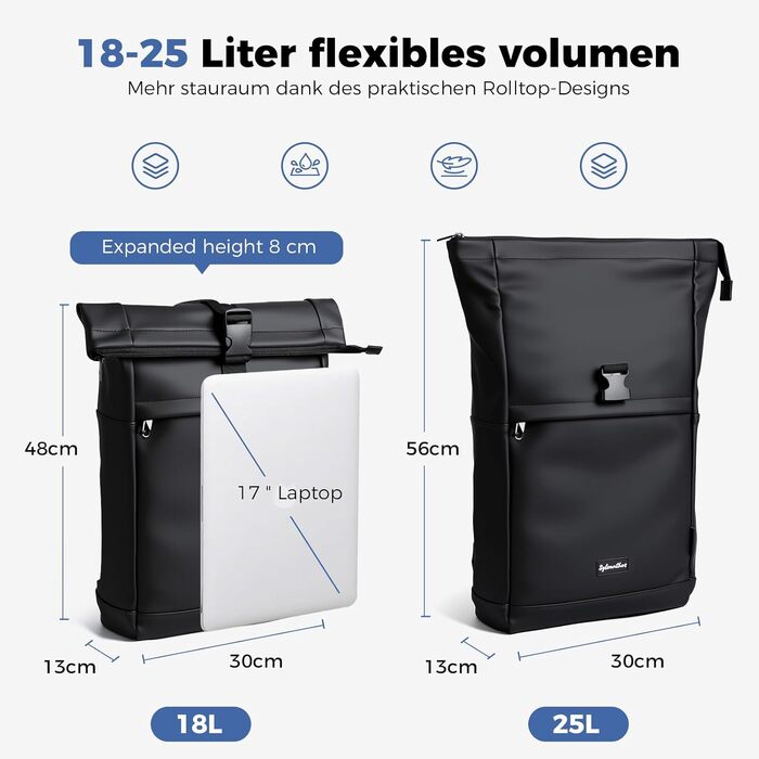 Водонепроникний рюкзак для ноутбука Rolltop (18-25 л), чорний, розмір L (30x13x48 см)