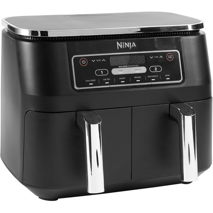 Аерофритюрниця Ninja Foodi Dual Zone 7,6 л, 2 кошики, цифрова, антипригарне покриття, 6-в-1, для 4-6 порцій, чорна (AF300EU)