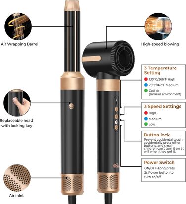 UKLISS Airstyler Pro 7 в 1: Фен-щітка з дифузором, 1400 Вт, 110000 об/хв, професійний стайлер для сушіння, завивки та випрямлення волосся (бірюзовий)