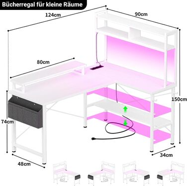 Ігровий стіл Homieasy L-подібний (124x90 см) з LED-підсвіткою, розетками, полицею та підставкою для монітора, вінтажний коричневий/білий