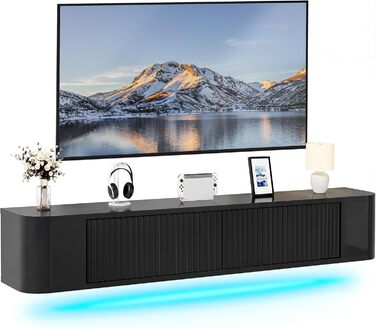 Підвісна тумба під телевізор YITAHOME 140 см з RGB підсвіткою, чорний глянцевий, настінна полиця для вітальні та спальні, великий об'єм зберігання 140x25x20 см