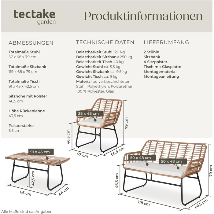 Комплект садових меблів tectake® з ротангу: садова лавка, 2 стільці та стіл, набір для балкона, тераси, саду, натуральний колір