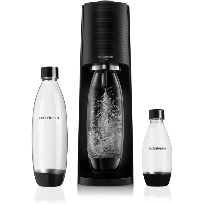 Сифон для газування води SodaStream Terra Black Value Pack: 3 пляшки (2x2.1л, 1x0.5л) зі склокераміки, циліндр Quick Connect, чорний