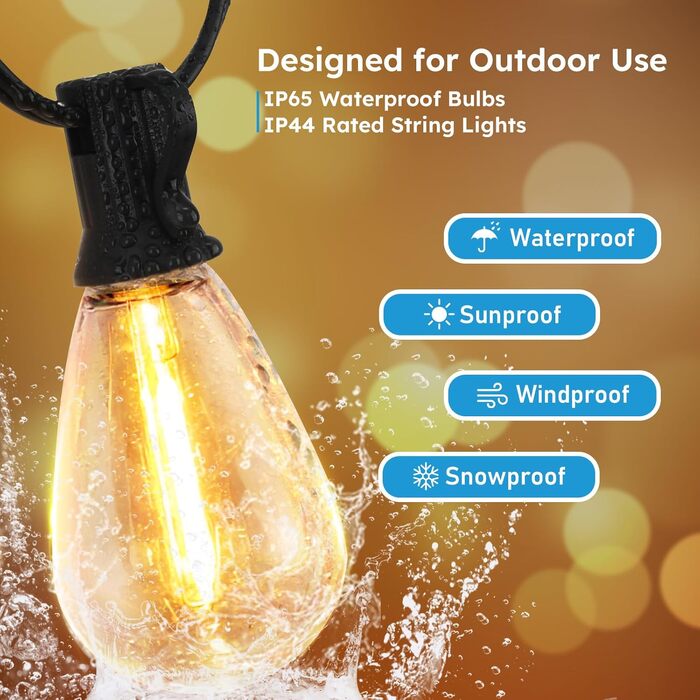 LED гірлянда вулична GvvooHome 60м, водонепроникна, 62 лампи S11, теплий білий 2700K, для тераси, саду, веранди